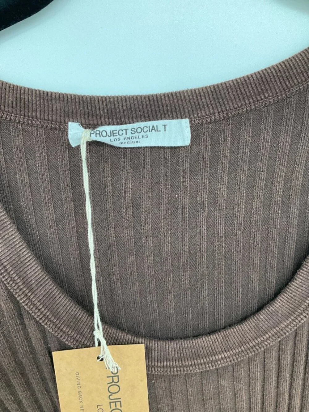 Project Social T size Medium NEW What's The Scoop Washed Rib Long Sleeve Brown - Picture 3 of 7